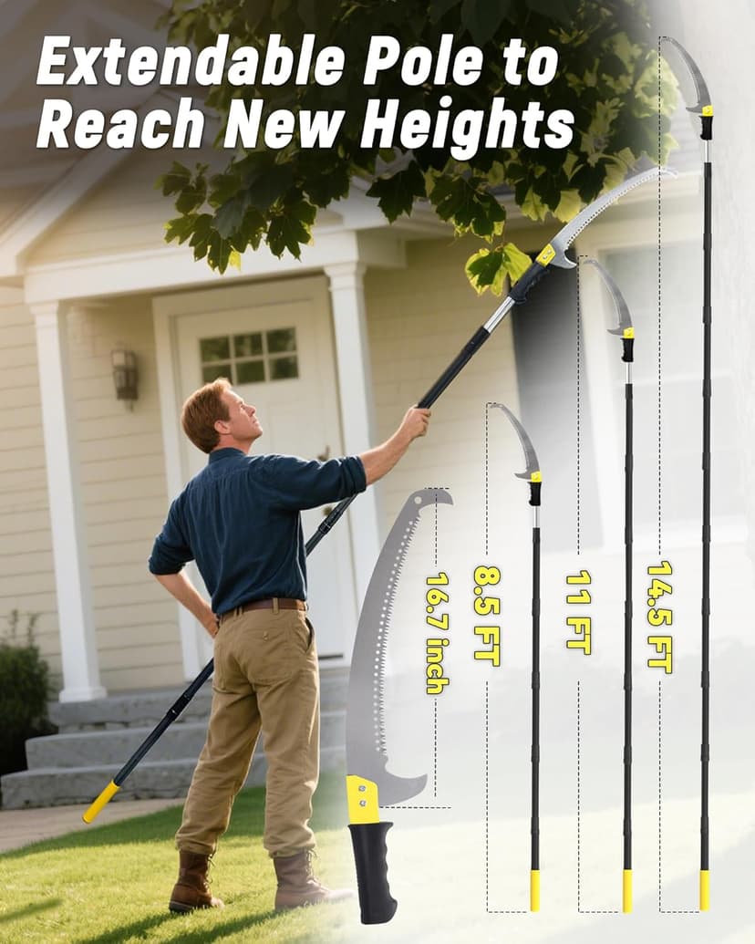 14.5FT Pole Saw with Adjustable Length for Tree Trimming, Lightweight Manual Pruning Saw with Mn Steel Blade, Long Extension Branch Cutter Pole Pruner for Yard, Garden, Patio & Forestry Use