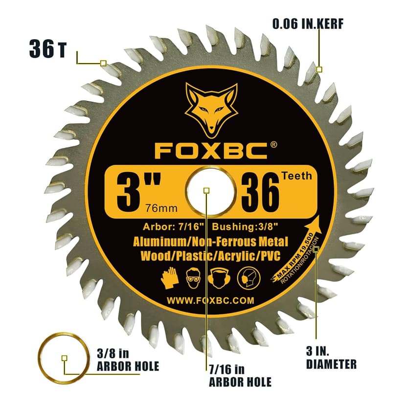 FOXBC 3 Inch Carbide Circular Saw Blade 36 Tooth for Wood, Plastic, PVC, Acrylic, Aluminum with 7/16" Arbor, 3/8" Bushing - 3 Pack