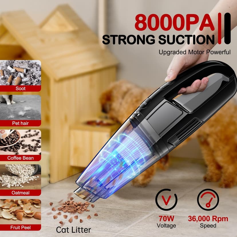 Handheld Vacuum Cordless Rechargeable, Car Vacuum Portable, Mini Vac for Pet Hair, Hand Vacuum Cleaner Car Seats, Home, Quick Cleanup, Strong Suction, Lightweight(H10)