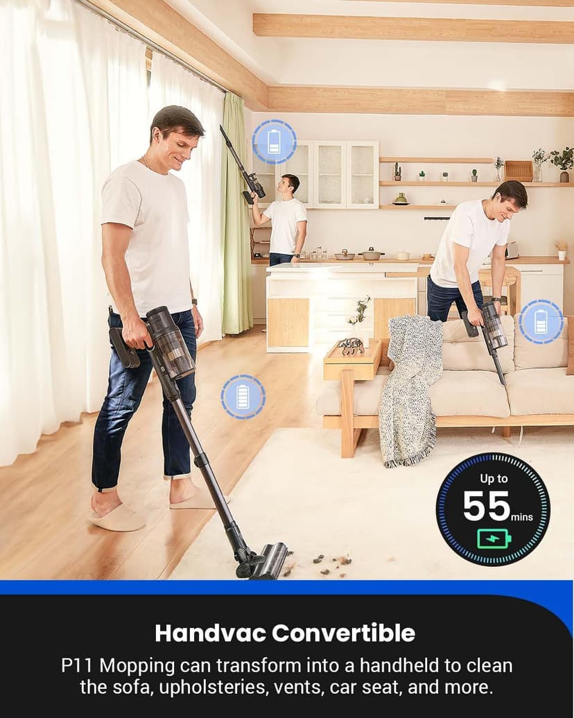 Proscenic Cordless Vacuum Cleaner,45Kpa 55Mins P11 Mopping Wet Dry Vacuum and Mop Combo All in one, Lightweight Stick Vacuum with LED Display, Long Runtime Ease of use for All Floors Pet Hair Carpet