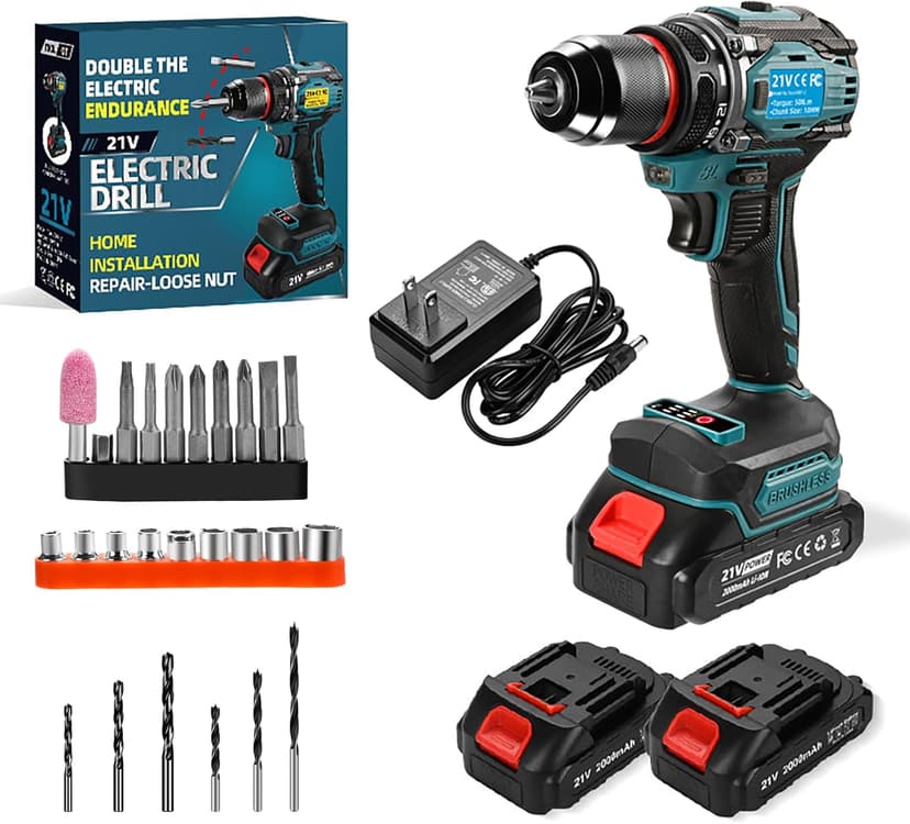 21V Cordless Power Drill/Driver Set, Electric Power Drill Set with 2 Battery & Charger, 3/8” Keyless Chuck, 2 Variable Speed, 28-Piece Kit Power Drill Drivers for Home Use