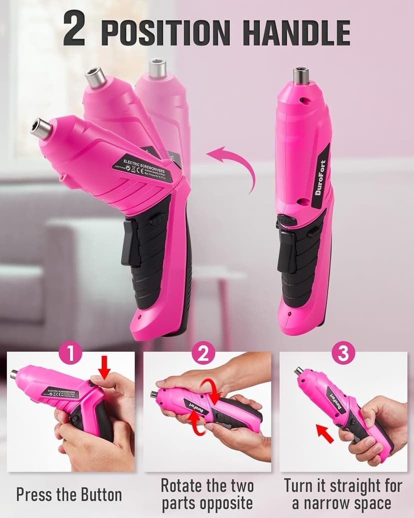 Pink Cordless Electric Screwdriver Set, 3.7V Rechargeable Small Electric Drill with 25pcs Driver Bit Set, Power 3Nm Screw Gun with 2 Position Handle, Flexible Shaft LED Light for Women