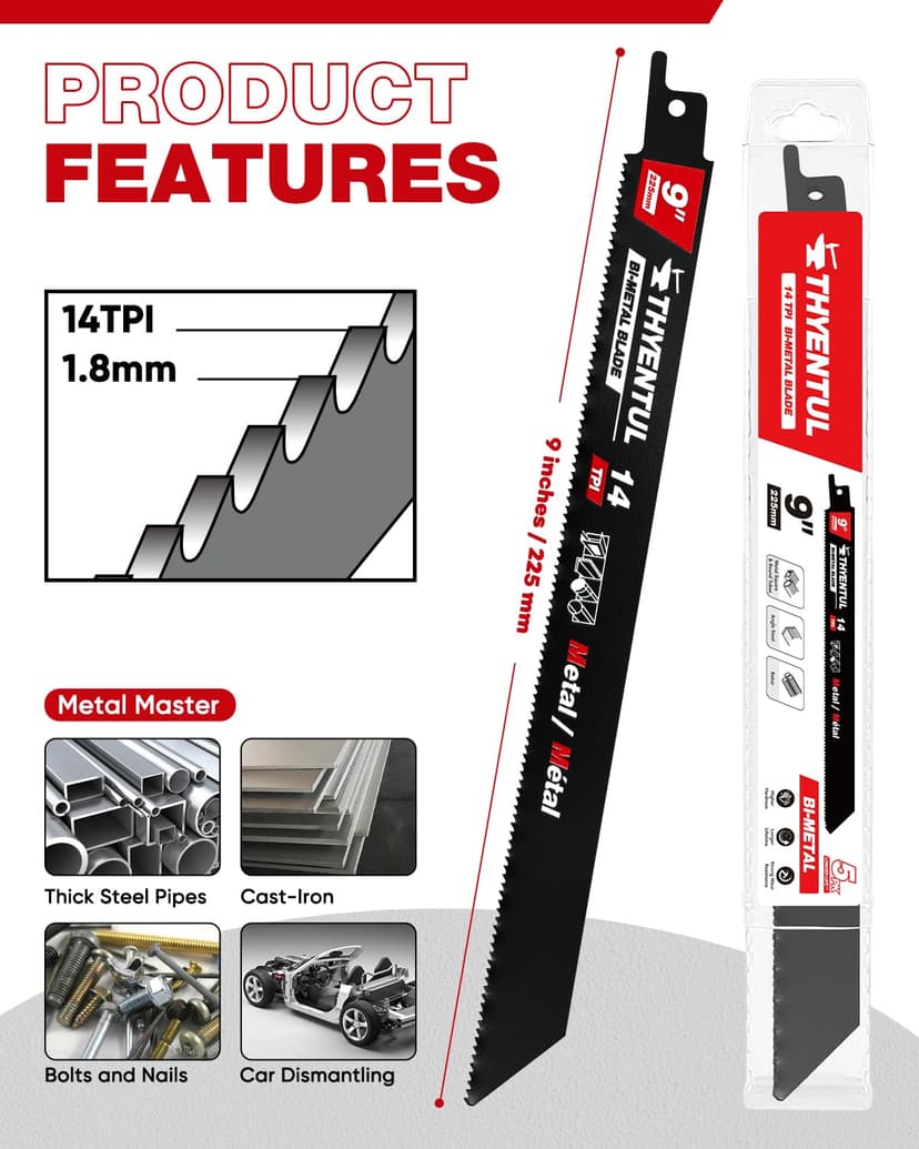 9 Inch 14TPI Reciprocating Saw Blades for Pipe, Sheet Metal, Steel,5 Pack Bi-Metal Sawzall Blades