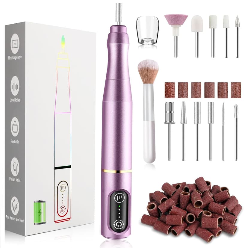 Cordless Nail Drill Electric Nail File Kit Rechargeable Professional Efile Nail Set, Portable Acrylic Gel Nail Polish Remover Machine Pedicure Manicure Tool, 11 Bits 56 Sanding Bands Salon Home