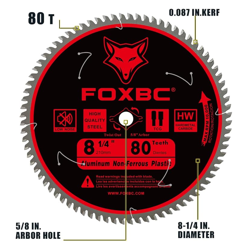 FOXBC 8-1/4 Inch Metal Cutting Table Saw Blade 80-Tooth TCG for Aluminum, Copper, Plastic, Brass, Fiberglass with 5/8-Inch Arbor