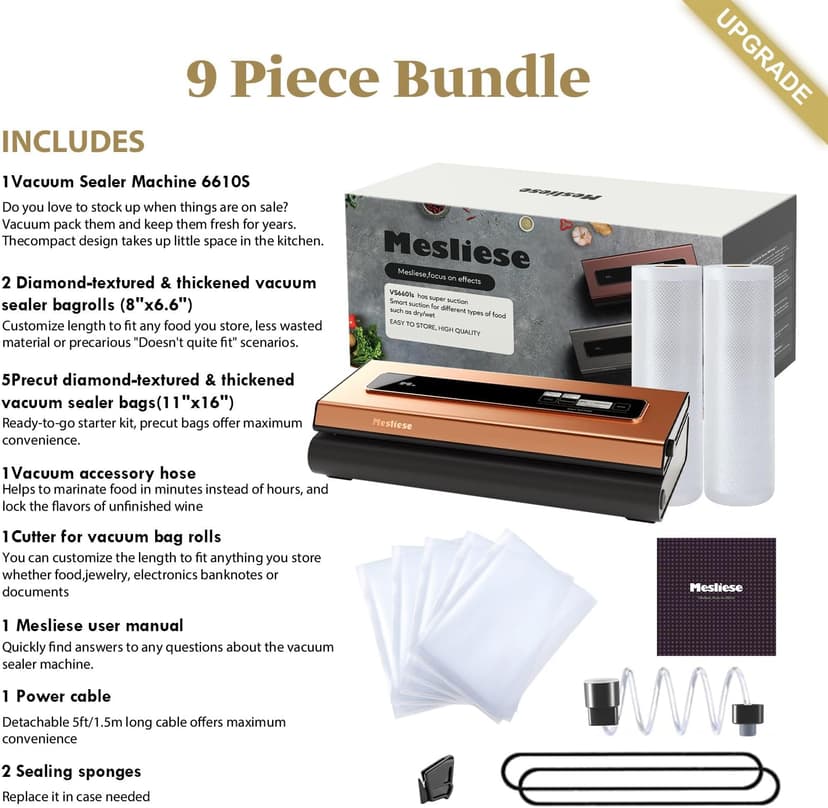 Vacuum Sealer Machine Powerful 90Kpa Precision 6-in-1 Compact Vacuum Food Preservation System Built-in Cutter, 2 Bag Rolls & 5 Pre-cut Bags, Dry&Moist Modes Smart Suction, ETL Listed (Copper)