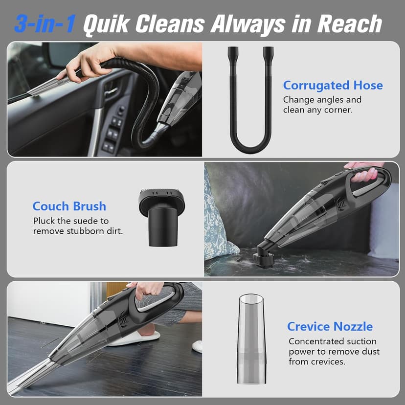 Handheld Vacuum Cordless Rechargeable 3-in-1, USB Charge, Car Vacuum with LED, HEPA Filter, 1.65LBs Lightweight Vacuum Cleaner for Dust, Pet Hair