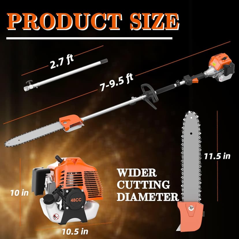 48CC Gas Powered Pole Saws,2-Stroke Gas Pole Saws for Tree Trimming with11.5in Cutting Bar,16 FT Extendable Pole Chainsaw Tree Trimmer