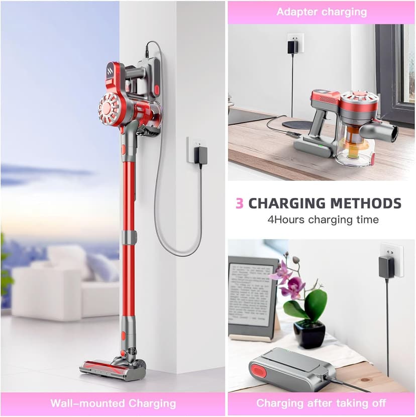 Cordless Vacuum Cleaner,Vacuum Cleaners for Home with Super Suction,Stick Vacuum Cleaner Rechargeable Up to 35 Mins Runtime,Lightweight Hardwood Floor Vacuum for Pet Hair,Carpet(Red)