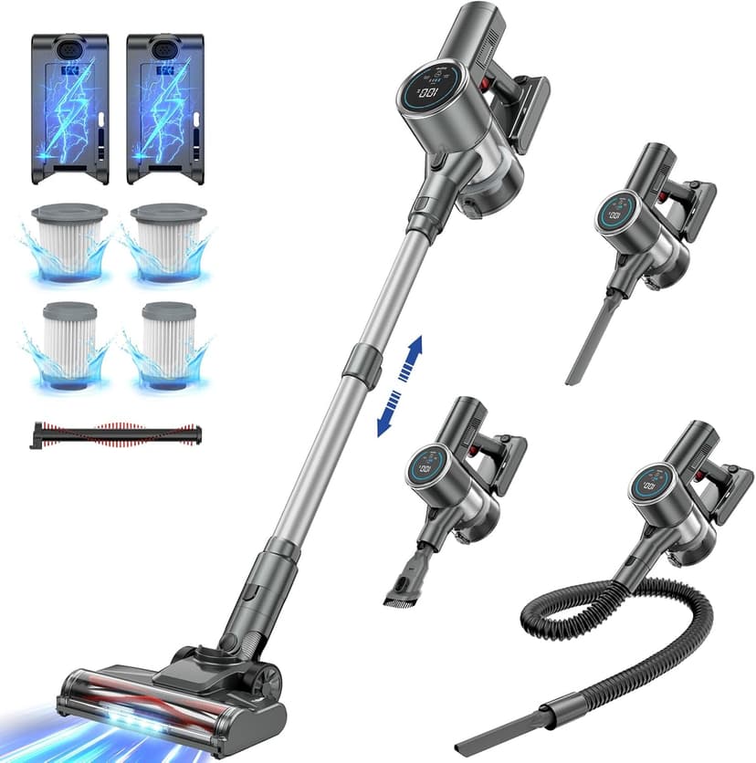 Cordless Vacuum Cleaner, 350W 35KPA 100Mins Runtime Powerful Stick Vacuum for home with Self-Standing, Touch Screen, Rechargeable Handheld Vacuum for Home/Pet Hair/Carpets/Hard Floors(2 Batteries)