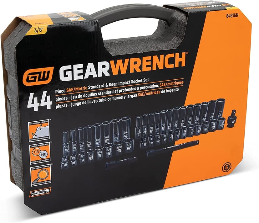 GEARWRENCH 44 Pc. 3/8" Drive 6 Point Standard & Deep Impact SAE/Metric Socket Set - 84916N