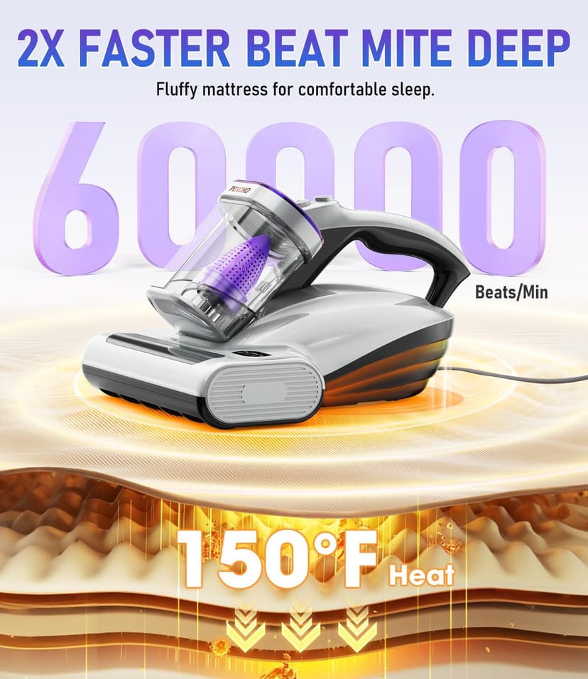 PM600 Mattress Vacuum Cleaner with UV-C Light,15kPa Suction 500W Powerful Handheld Vacuums with HEPA Filter,Clean Up Dust for Bed,Pet Hairs,Baby Crib,Couch,Sofa,Carpets