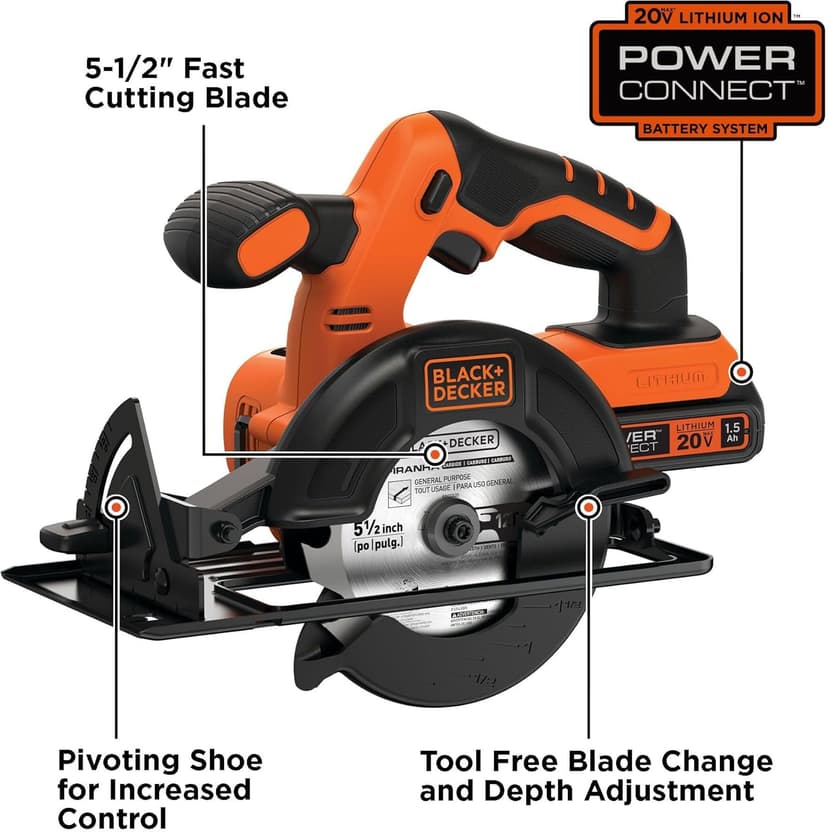 BLACK+DECKER 20V MAX POWERCONNECT 5-1/2 in. Cordless Circular Saw with Battery and Charger (BDCCS20C)