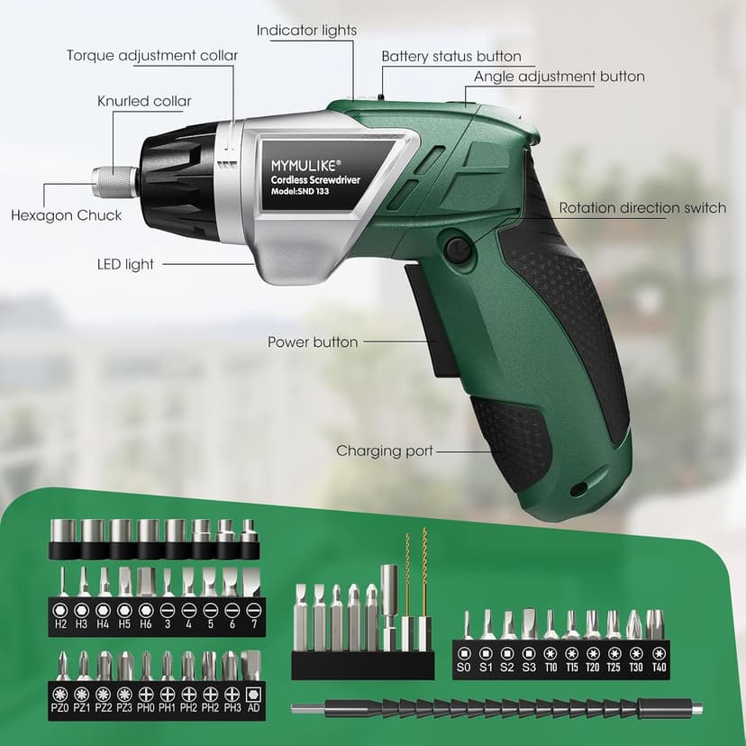 Electric Screwdriver Cordless Set, 3.6V Power Screwdriver Rechargeable with Light, Green Screw Gun with Pivoting Handle and Drill, 49 Pcs Accessories, 6+1 Torque Setting, 2000 mAh Battery