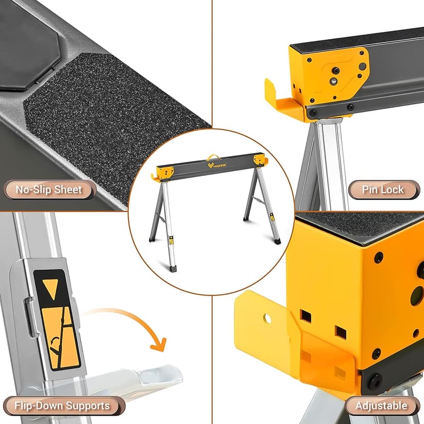 Saw Horses 2 Pack Folding, Heavy Duty Sawhorse Table 2600 Lbs Load Capacity with 2x4 Support Legs, Portable Folding and Fast Open Legs and Easy Grip Handle for Woodworking.