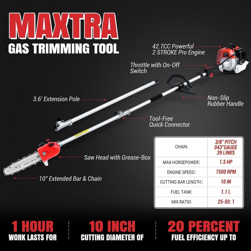 Pole Saw Gas Powered, 16-Foot Reach 42.7CC 2-Cycle 10-Inch Bar Cordless Extendable Long Trimmer Power Gasoline Chainsaw For Tree Hedge Trimming Bush Pruning, Spinning Saw Head