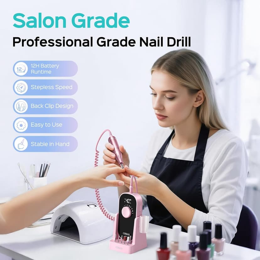 COSLUS Professional Rechargeable Electric Nail Drill 40000 RPM, Portable Nail File with Storage Stand for Acrylic Gel Polishing Removing - Easy to Use for Women, Manicure at Home DIY or Salon, Pink