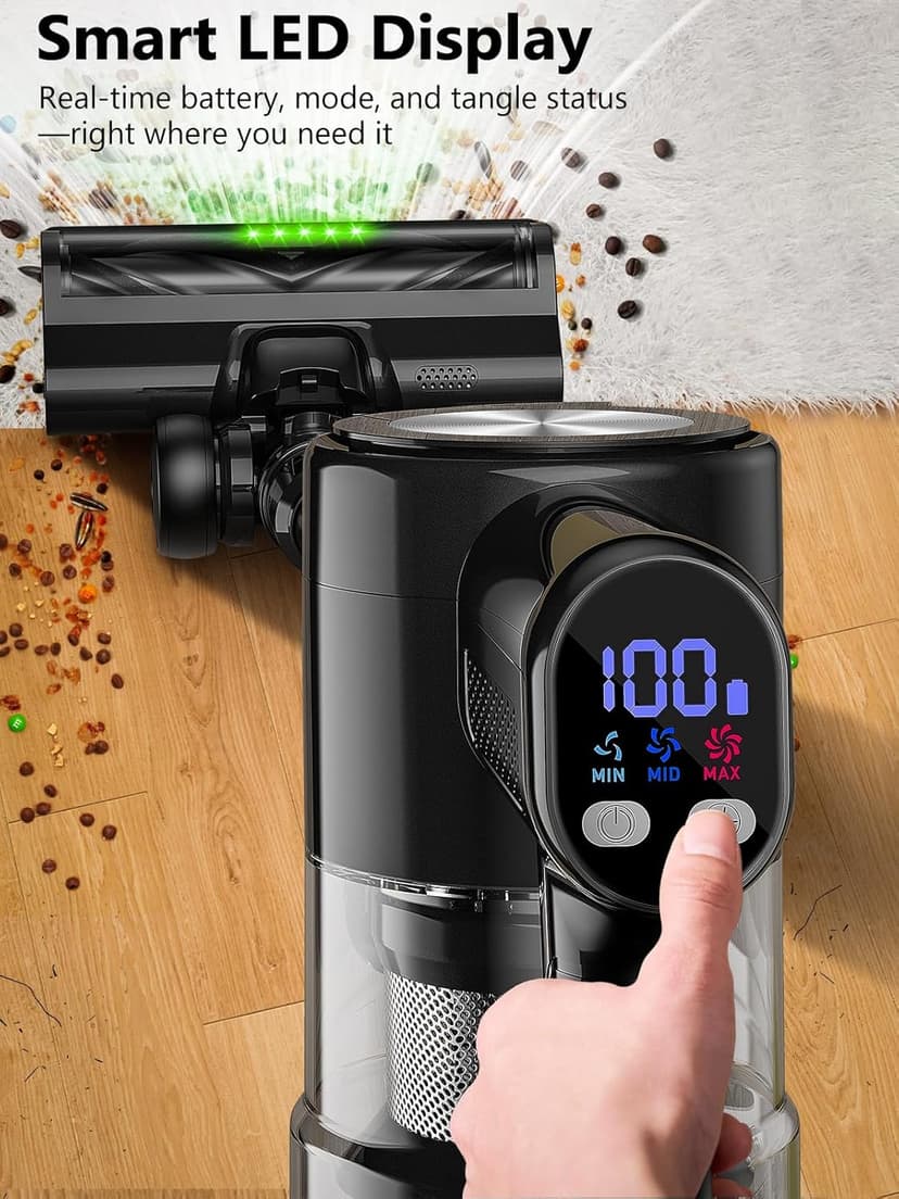 Cordless Vacuum Cleaner, 46KPa/500W Stick Vacuum with 55 Mins Runtime, Self-Standing Vacuum Cleaner for Home, LED Display, Anti-Tangle Brush, Rechargeable Vacuum for Pet Hair