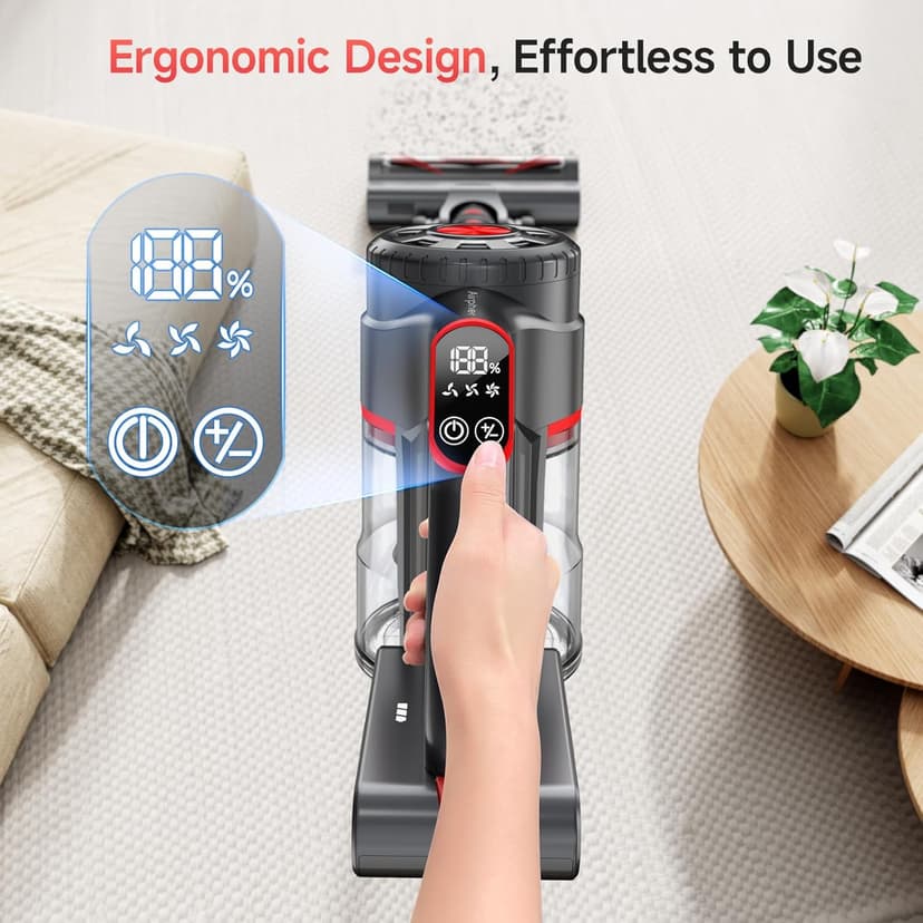 Cordless Vacuum Cleaner, 550W 45KPA Dual Motor Stick Vacuum for Home with 70mins Runtime, 6 LED Green Headlights, Self-Standing Design, V-Shaped Floor Brush for Carpet Tile Pet Hair Hardwood Floors