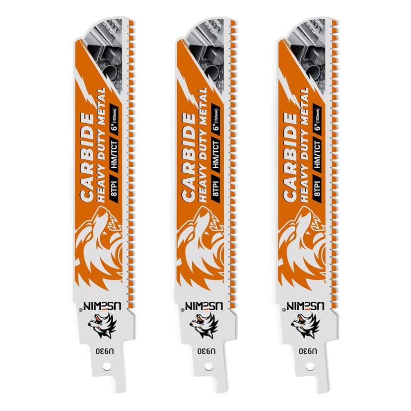 3 Pack Carbide Reciprocating Saw Blades, 6 Inch 8 TPI Metal Blades, Pruning Blade for Reciprocating Saw for Thick Metal, Cast Iron, Alloy Steel
