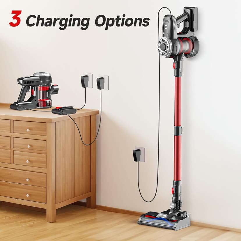 Cordless Stick Vacuum, Red, 45 Min Runtime, LED Headlights, 2-Speed, Telescopic Tube with Main Vacuum Brush, Crevice Tool, dust Brush, Removable-Rechargeable Battery Pack with Charging Cord