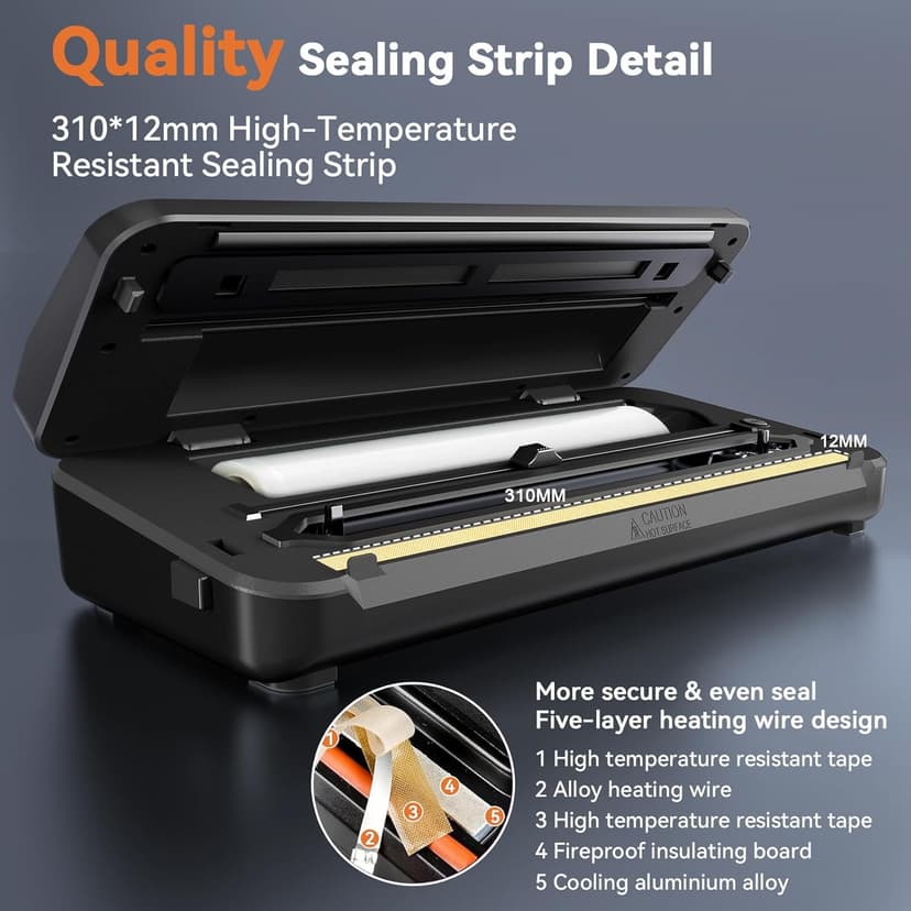 Vacuum Sealer Machine, Food Sealer Machine 80KPA Automatic 8-IN-1 for Food Saving Dry/Moist Mode with Build-in Cutter&Storage, Digital Countdown, Air Suction Hose, 2 Roll-Bags, 11 Vacuum Bags