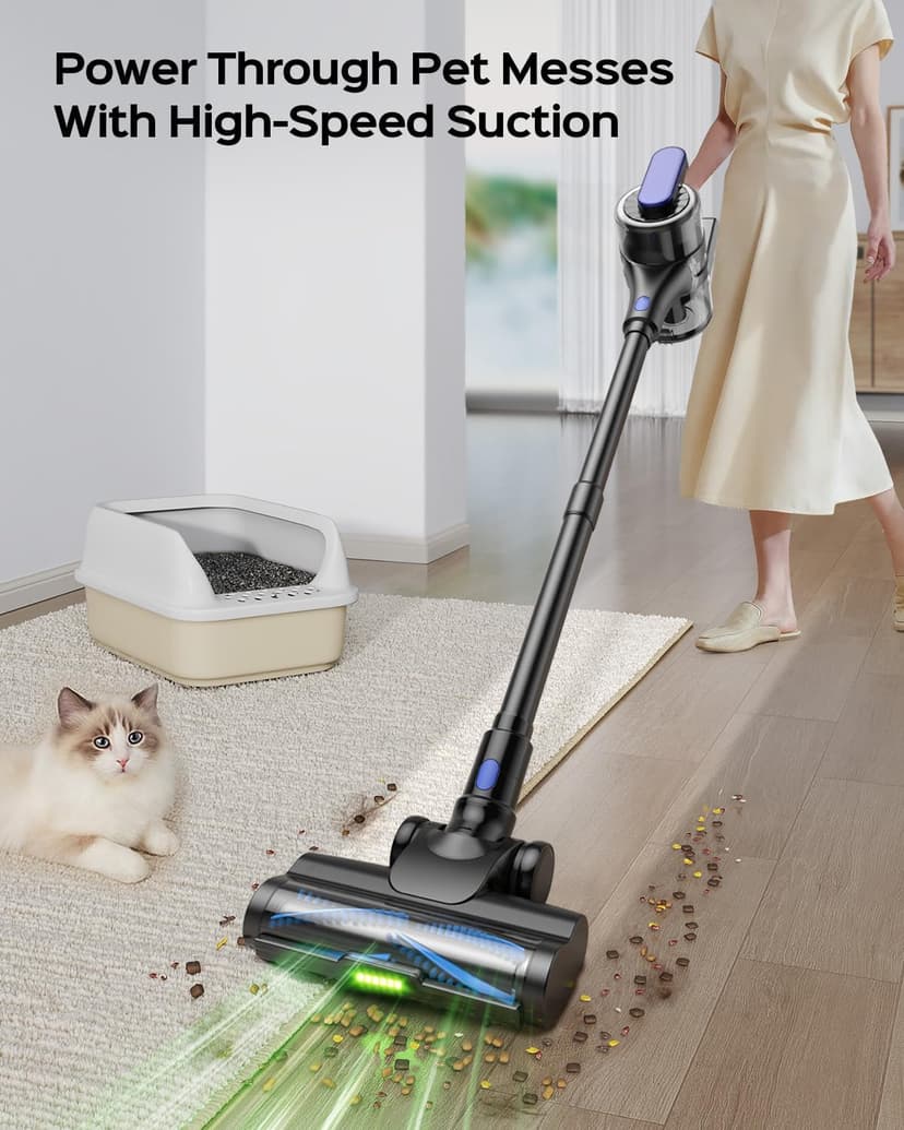 Cordless Stick Vacuum Cleaner, 55Min Cordless Vacuum Cleaners for Home, Powerful Suction Rechargeable Vacuum with Green LED Headlight, Lightweight Stick Vac for Carpet, Hardwood Floors & Pet Hair