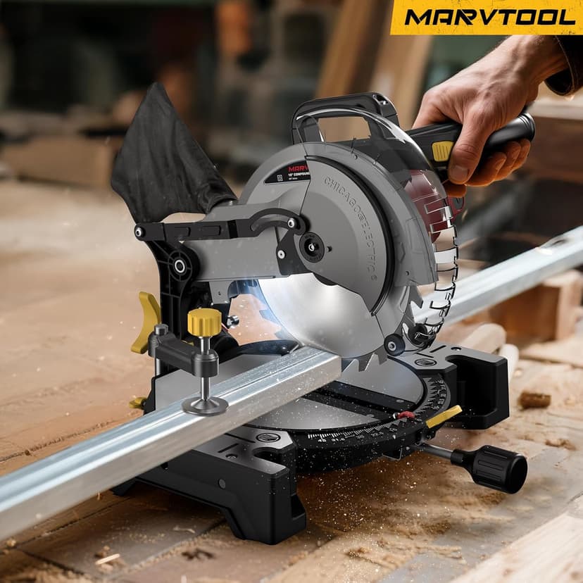 10-inch Compound Miter Saw, 5000RPM, 15 Amp, Single Bevel 0-45° with Extension Table, 36T Blade, Power Saw for Metal, Plastic, Wood, Laminates