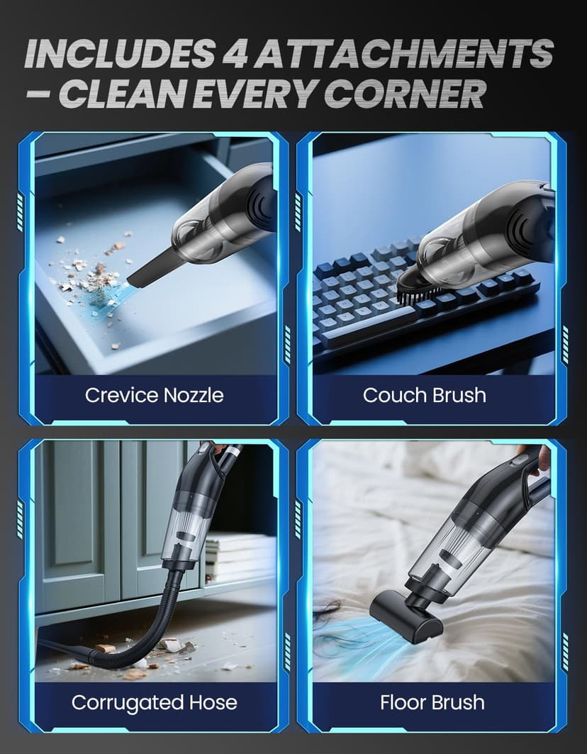 Cordless Vacuum Handheld, Car Vacuum Cleaner Portable for Pet Hair Small Household Vacuums with Powerful 10000pa Strong Suction Rechargeable for Car Home Couch Floor Cleaning Black