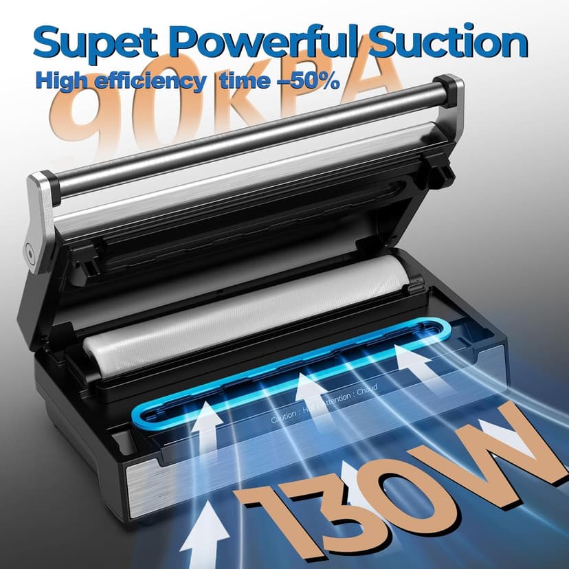 90Kpa Food Vacuum Sealer, Stainless Steel Vacuum Sealer Machine for Food with Double Heat Seal & Double Pump, Food Sealer Dry/Moist/Liquid Modes, Roll Storage and Cutter, Easy-Lock Handle and Clean