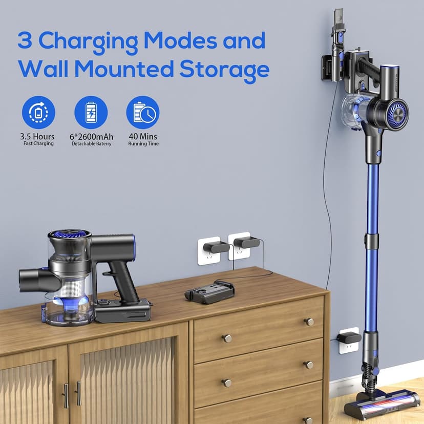 Cordless Vacuum Cleaner, Vacuum Cleaner for Home with 80000 RPM High-Speed Brushless Motor, Up to 40 Mins Runtime, 2 Adjustable Suction, Anti-Tangle, Lightweight Stick Vacuum for Hard Floor