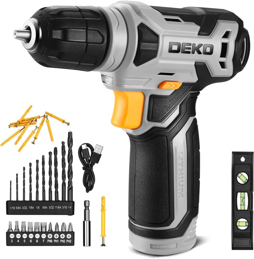DEKOPRO 8V Cordless Drill, Drill Set with 3/8"Keyless Chuck, 42pcs Acessories, Built-in LED, Type-C Charge Cable, Gray Power Drill for Drilling and Tightening/Loosening Screws