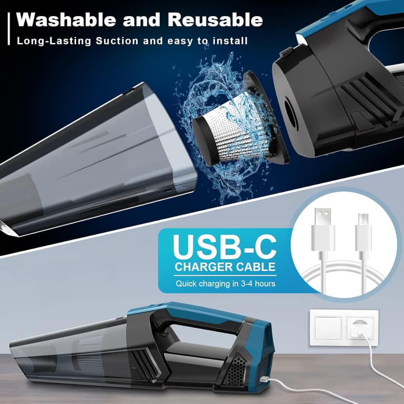 Cordless Car Vacuum Lightweight High Power Handheld Vacuum Cleaner with LED Light, Hand Vacuum for Car Home Office and Pet Hair, Indigo Blue