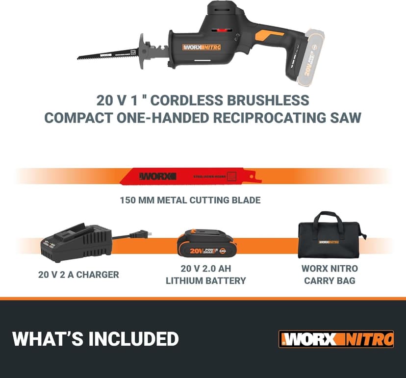 WORX 20V Cordless Reciprocating Saw for Wood, 1" Stroke Length, Brushless Motor, Lightweight Design WX501L