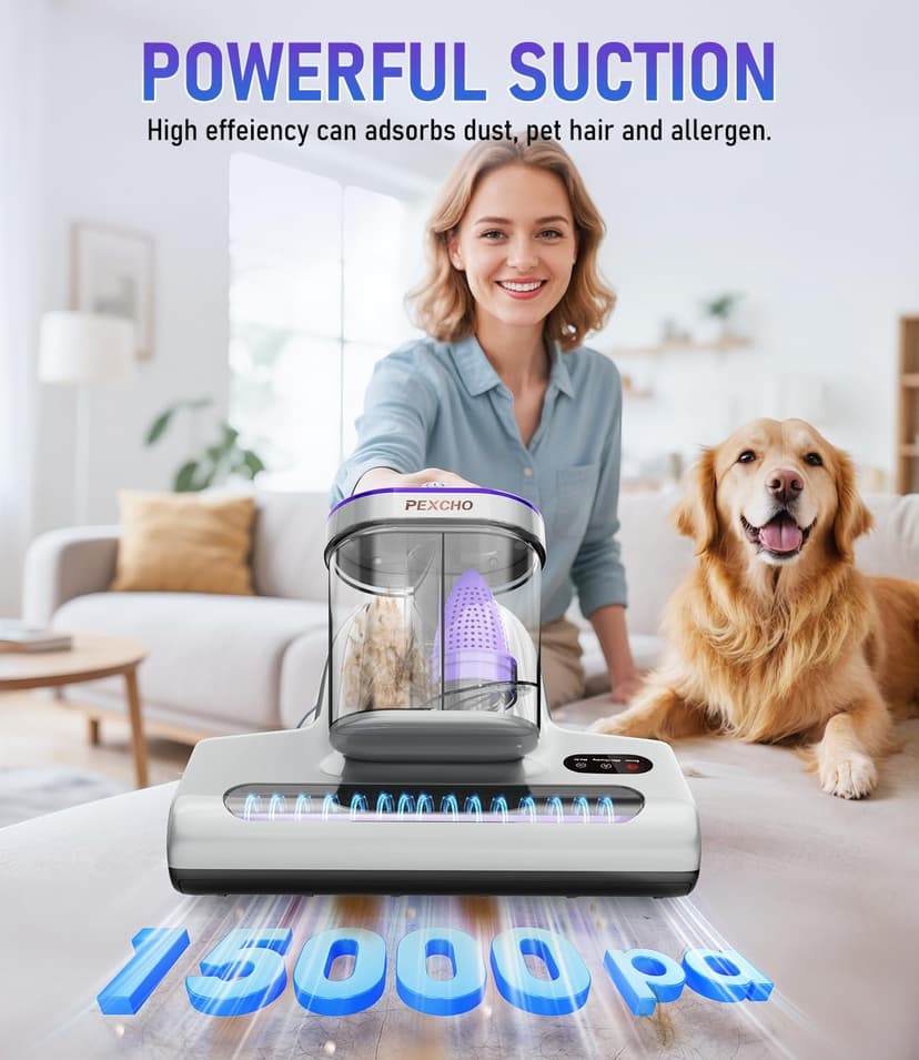 PM600 Mattress Vacuum Cleaner with UV-C Light,15kPa Suction 500W Powerful Handheld Vacuums with HEPA Filter,Clean Up Dust for Bed,Pet Hairs,Baby Crib,Couch,Sofa,Carpets