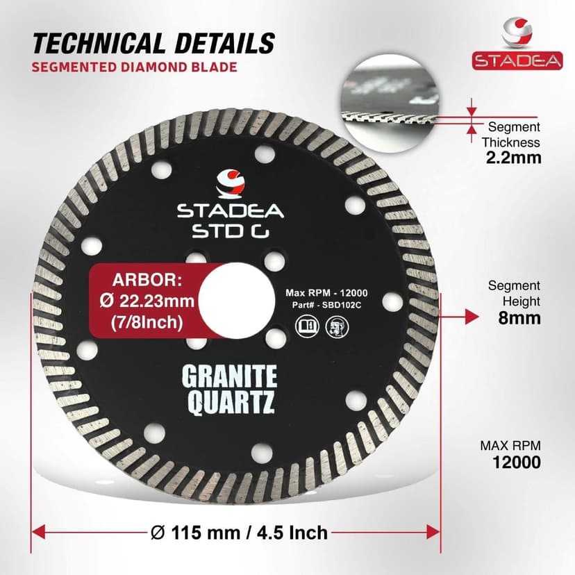 Stadea SBD102C Diamond Saw Blade 4.5-Inch Continuous Turbo Dry Cutting - Cuts Granite Quartz Quartzite, Fits Grinder, Saw Cutter, 8 MM Segments - Pack of 1