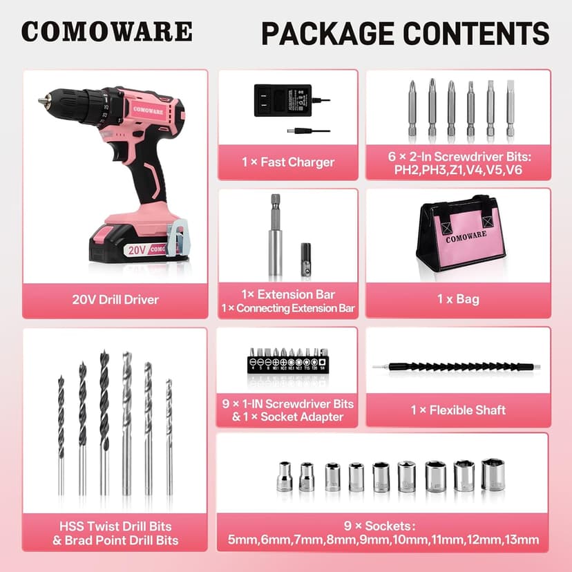 COMOWARE Cordless Drill Set, 20V Pink Power Drill Set for Women, 1 Battery & Charger, 3/8" Keyless Chuck, 2 Variable Speed, 266 In-lb Torque, 25+1 Position, with Pink Storage Bag