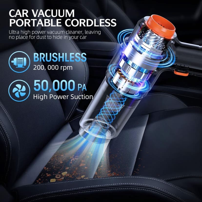 Car Vacuum Portable Cordless, 50,000Pa High Power Dust Buster, 6-in-1 Handheld Vacuum Cleaners for Home, Car, Pet Hair, Keyboard, Black