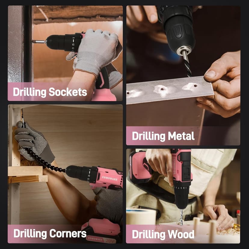 COMOWARE Cordless Drill Set, 20V Pink Power Drill Set for Women, 1 Battery & Charger, 3/8" Keyless Chuck, 2 Variable Speed, 266 In-lb Torque, 25+1 Position, with Pink Storage Bag