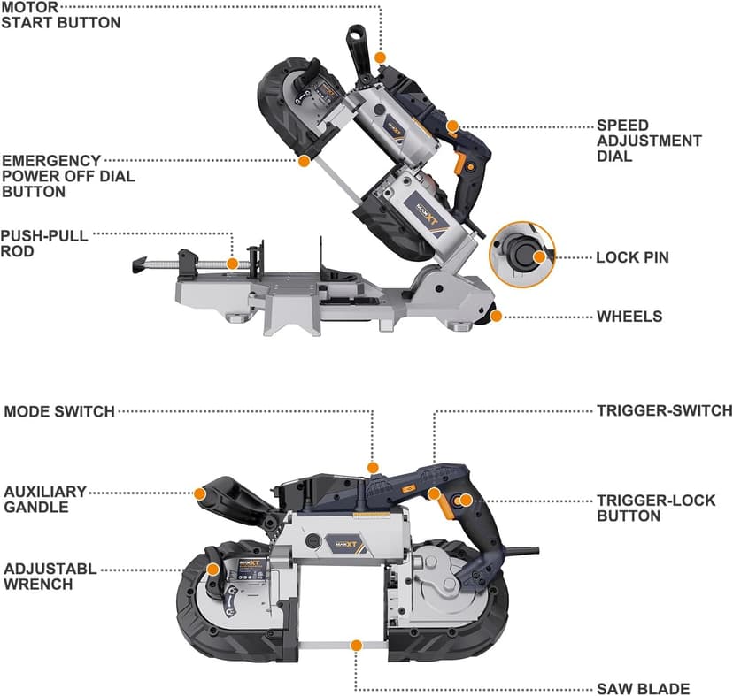 MAXXT Band Saw with Lightweight Aluminum Base, 10 Amp 5 Inch Deep Cut Bandsaw, Variable Speed Handheld Automatic Multipurpose Cut with Carrying Wheels Portable Metal Saw, Band Saws for Metal Wood