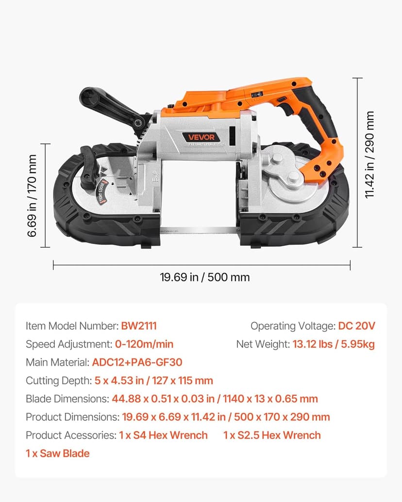 VEVOR 20V Portable Band Saw, 5 in Deep Cut, 360W Cordless Compact Bandsaw with Brushless Motor, Adjustable Speed, for Cutting Metal, Wood, Compatible with Makita Batteries (Bare Tool Only)