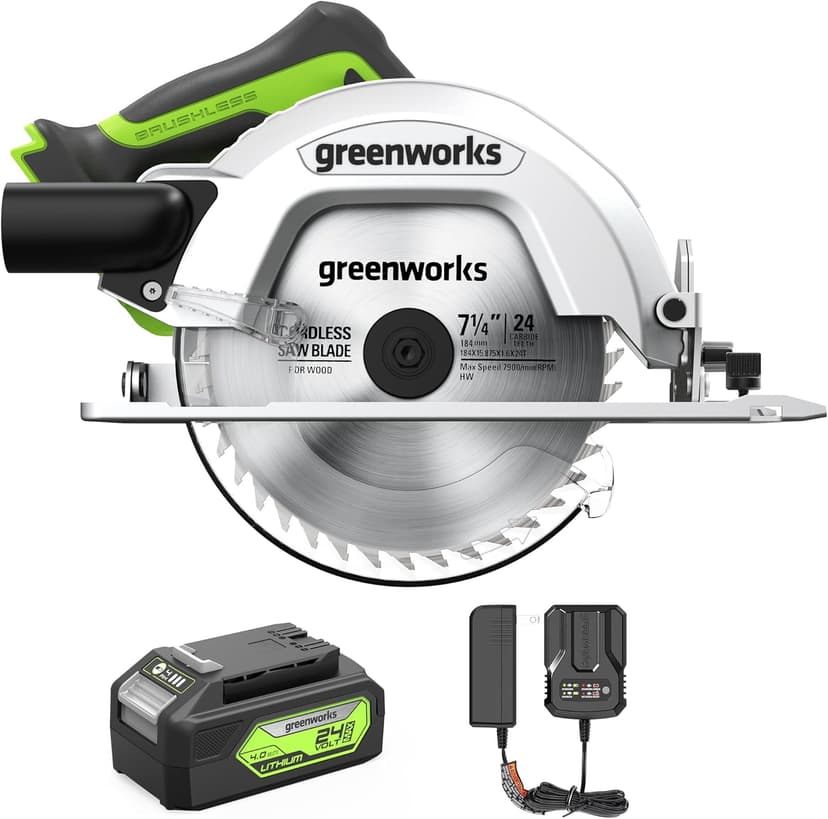 Greenworks 24V 7-1/4'' Circular Saw Brushless Cordless, with 4Ah Battery and 2A Charger
