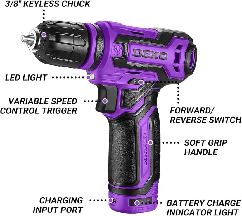 Cordless Drill：DEKOPRO 12V Power Drill Set 800RPM Electric Drills Small Drills with 3/8-inch Keyless Chuck and Portable Tool Set Gift Box (Purple)