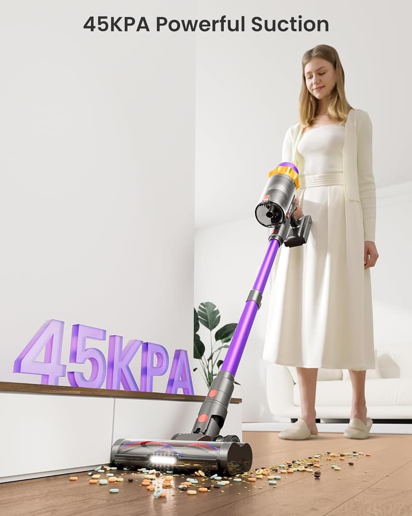 Cordless Vacuum Cleaner, 550W 45KPA 70 Mins Vacuum Cleaners for Home, Self-Standing Cordless Vacuum with Charging Dock Station, LED Display, Upgraded Anti-Tangle Stick Vacuum for Pet Hair/Carpet/Floor