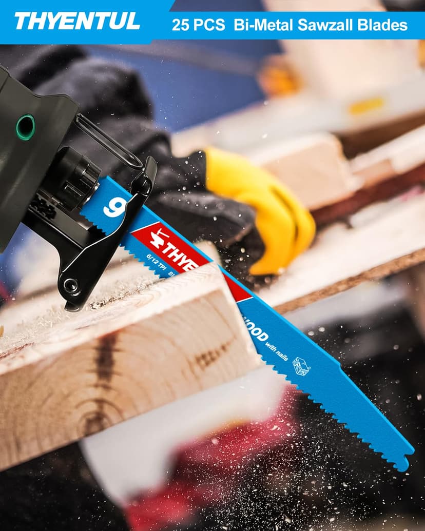 25 Pack 9 in Stud and Nail Sawzall Blades,Demo Demon Bi-Metal Demolition Reciprocating Saw Blade for Nail-Embedded Wood Cutting, Garden Pruning, Tree Trimming（6/12TPI）