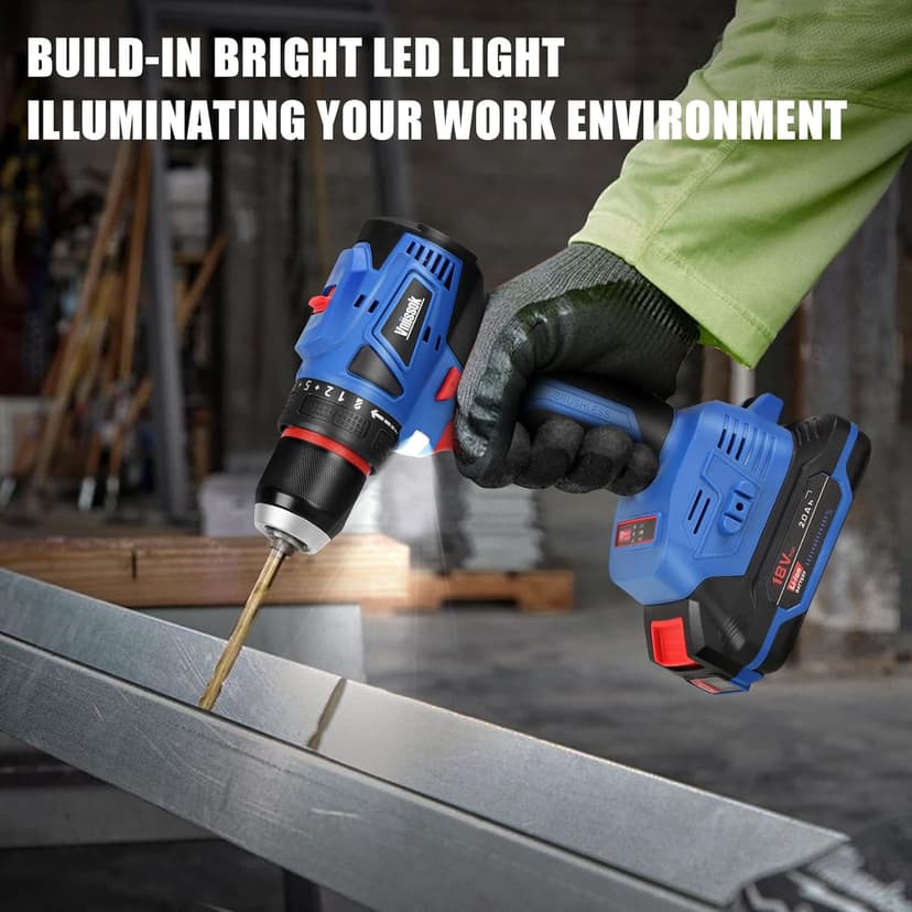 Cordless Drill Set,18V Brushless Power impach driver with Battery and Charger, 3/8" Keyless Chuck, Variable Speed, Drill Driver Bits Kit for Drilling and Tightening/Loosening Screws
