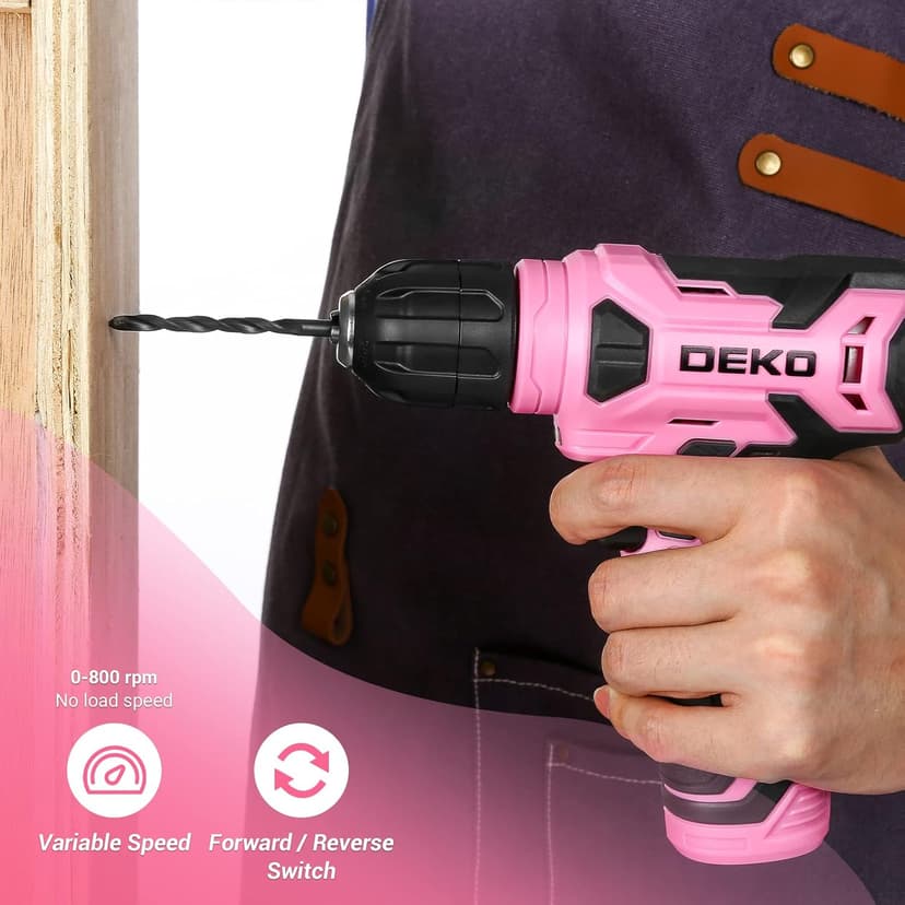 DEKOPRO 8V Cordless Drill, Drill Set with 3/8"Keyless Chuck, 42pcs Acessories, Built-in LED, Type-C Charge Cable, Pink Power Drills for Drilling and Tightening/Loosening Screws