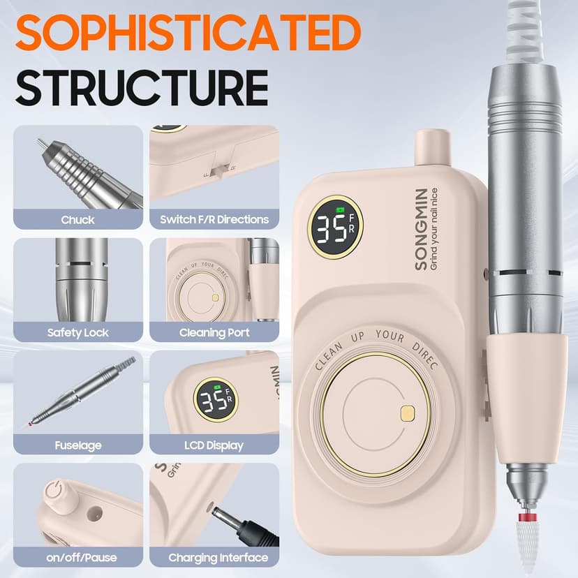 Professional Nail Drill 35000 RPM,SONGMIN Portable Cordless Efile with Bits Kit for Acrylic Nails Gel Polishing Removing,Rechargeable Electric Nail File Machine for Manicure,Pedicure Salon Home,Pink