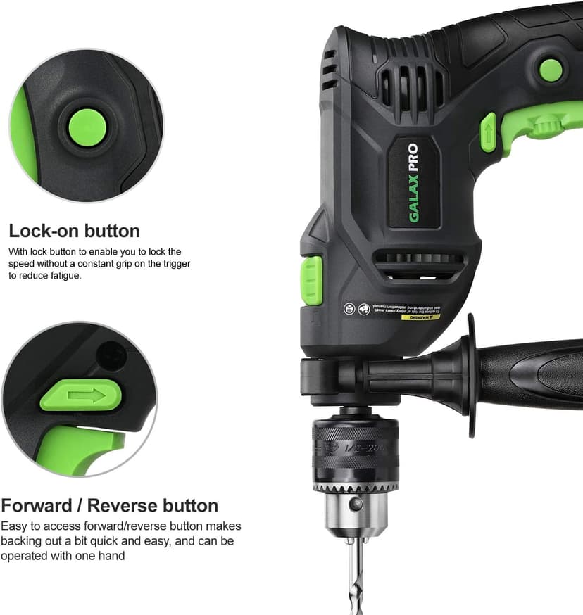 GALAX PRO 5Amp 1/2-inch Hammer Drill with 105pcs Accessories, Variable Speed 0-3000, Hammer and Drill 2 Functions in 1, 360°Rotating Handle, Depth Gauge, Carrying Case Included