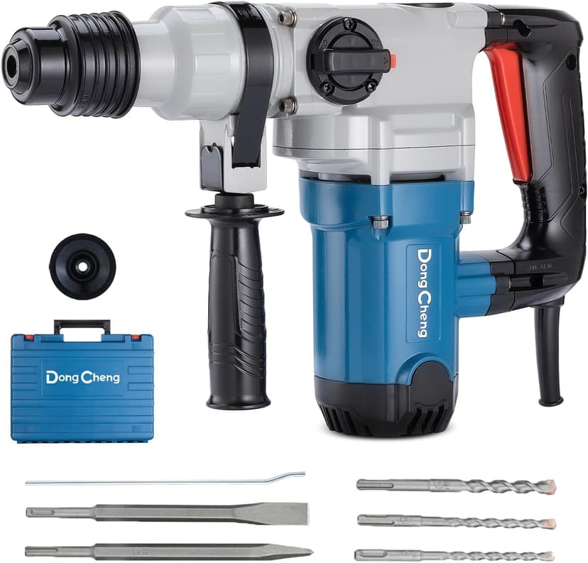 Dong Cheng 1-1/8 Inch SDS-Plus Rotary Hammer Drill with Safety Clutch, 9.2 Amp Heavy Duty Corded Demolition Hammer for Concrete, 3.6 Joules, Including 3 Drill Bits, Flat Chisels and Point Chisels